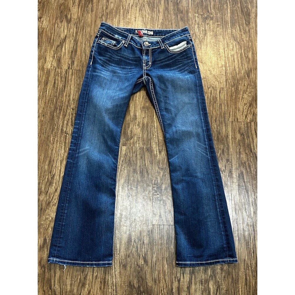 BKE Stella Jeans Women (Tag 29x31.5)  Boot Cut Dark Distressed Flap  Pockets